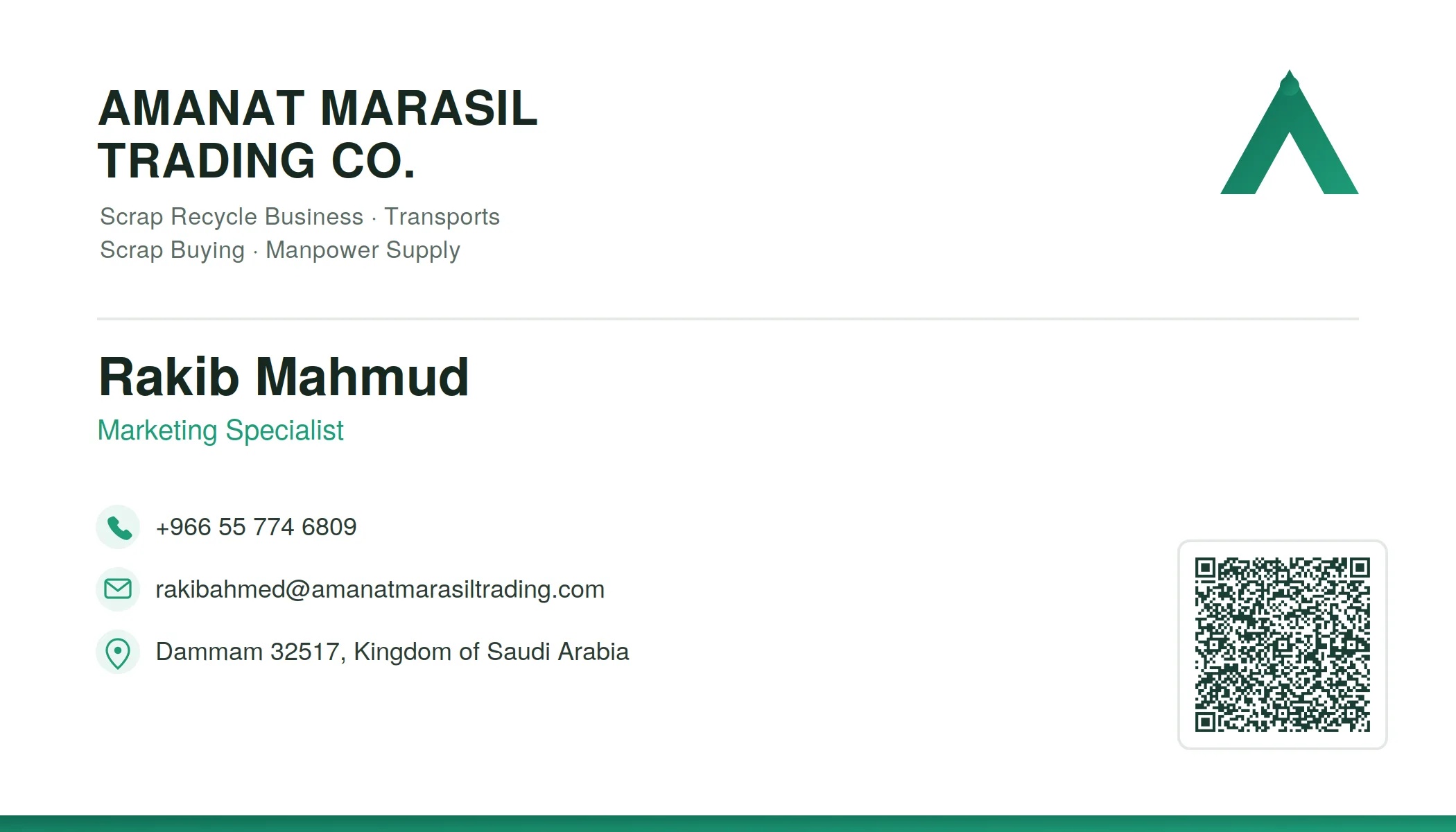 Amanat Marasil Trading Co. — Rakib Mahmud, Marketing Specialist business card